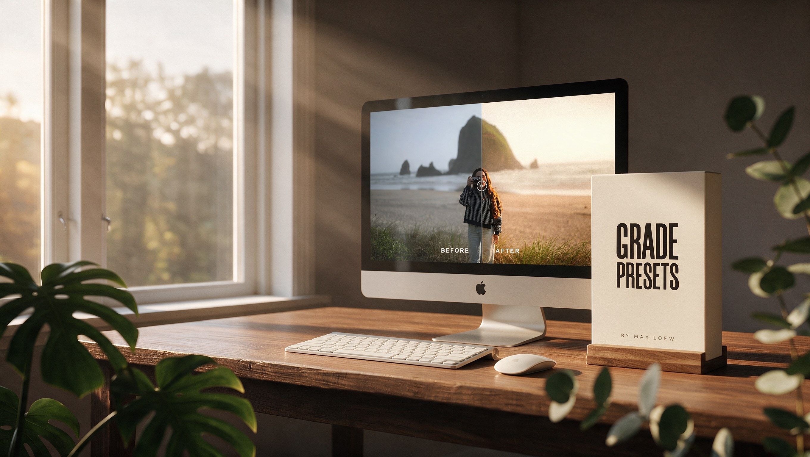 The GRADE preset pack: a before and after on screen beside the product box, on a desk in window light