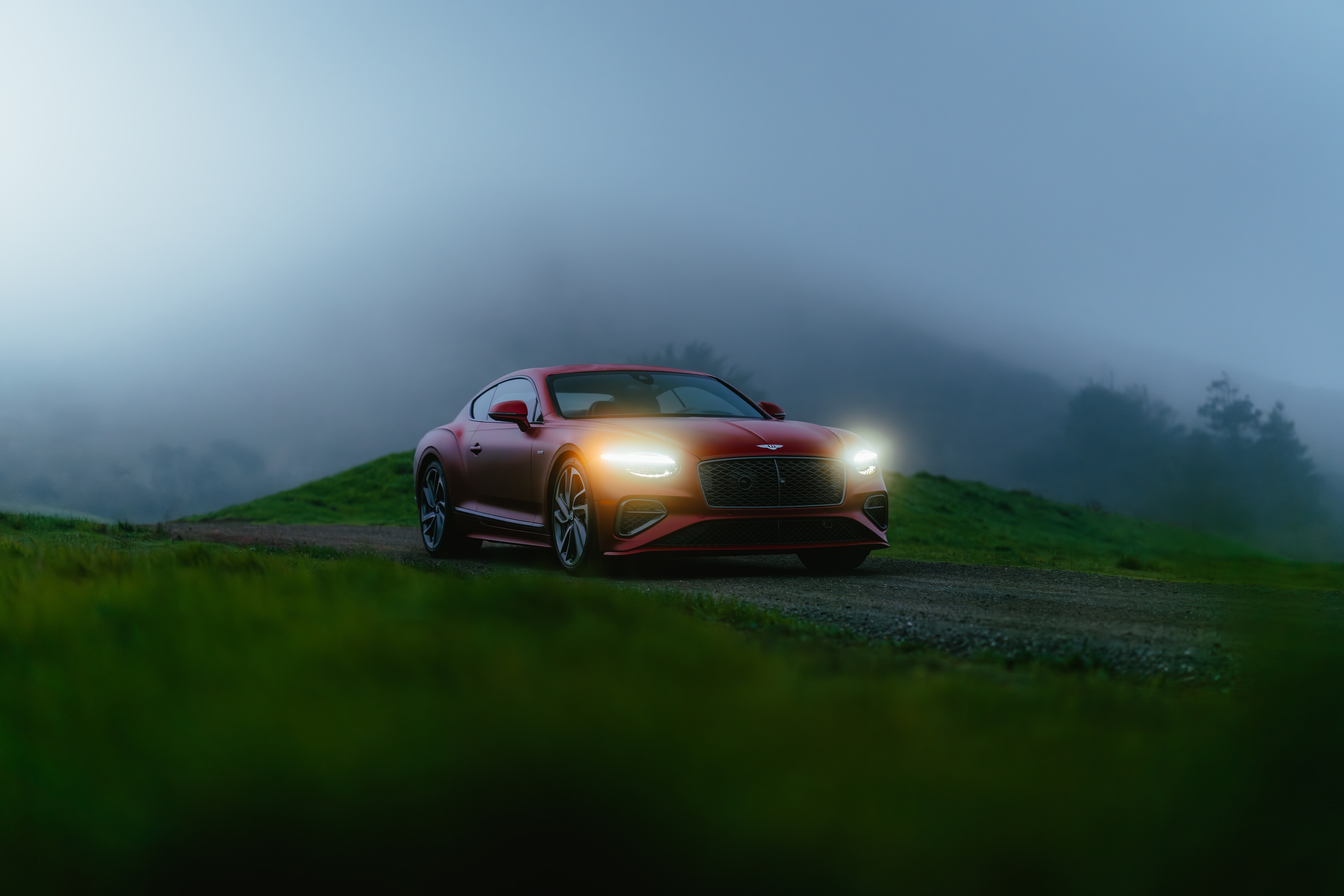 Bentley Continental GT on a misty California hilltop at twilight