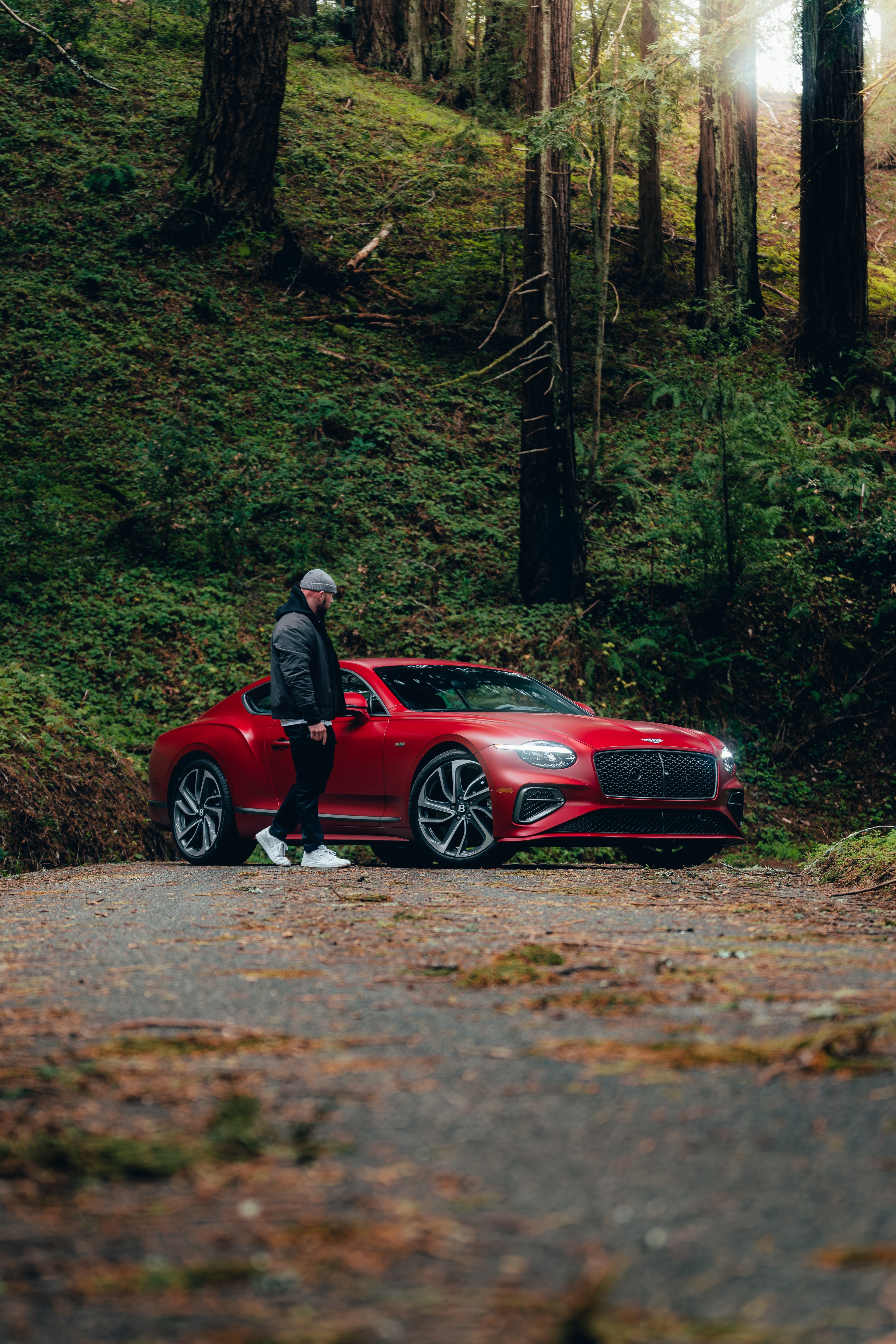 Max Loew with the Continental GT in a redwood forest