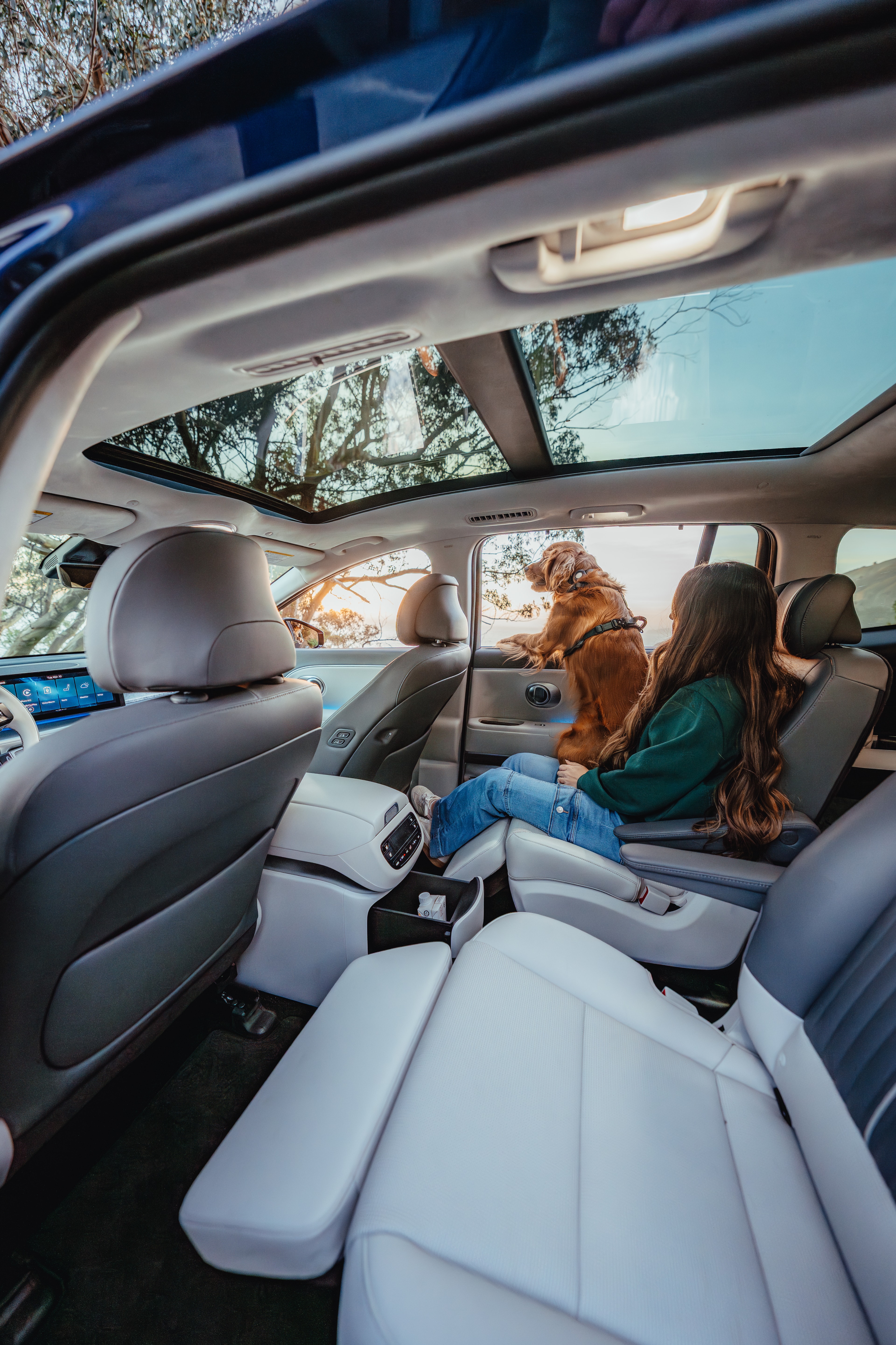 Third-row cabin of the IONIQ 9, a passenger and a golden retriever