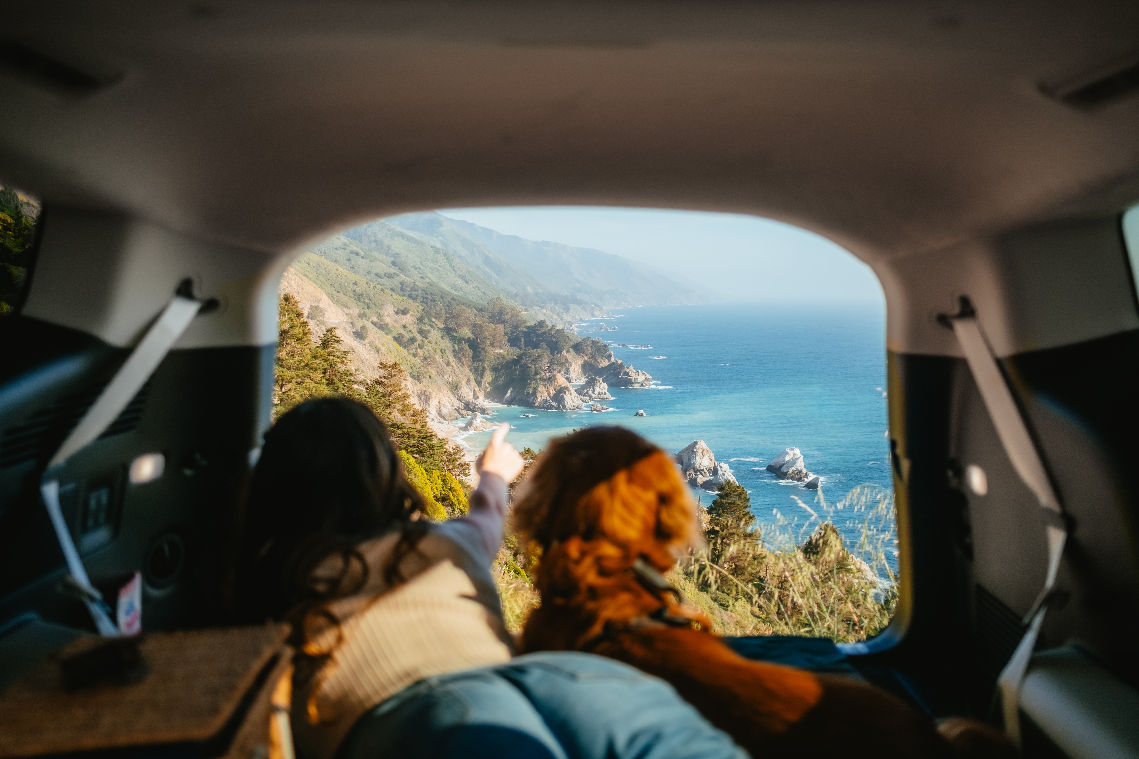 View of the Big Sur coastline from inside the IONIQ 9, a passenger pointing out at the cliffs and a dog looking on