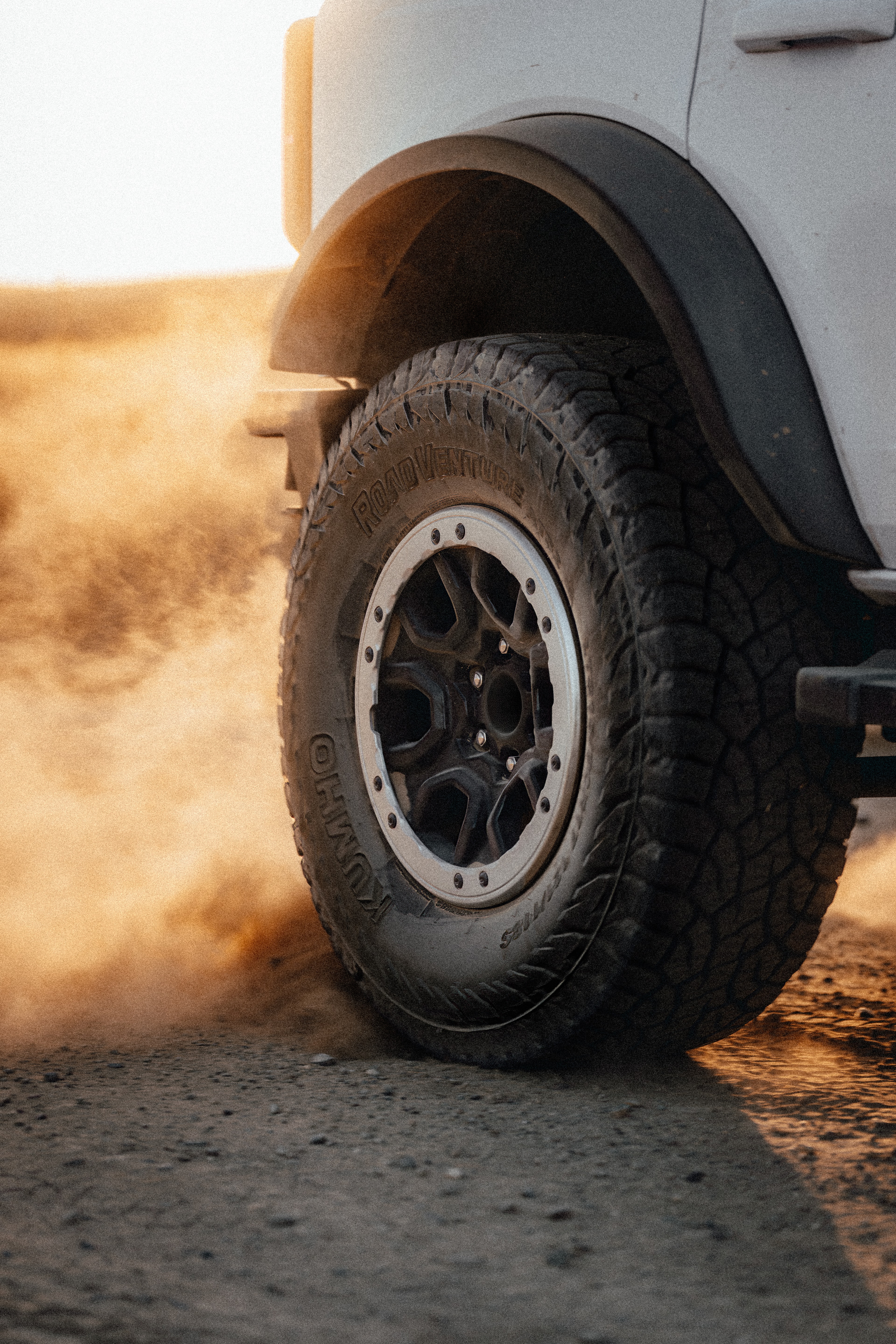 Ford Bronco — portrait, dirt road, golden hour