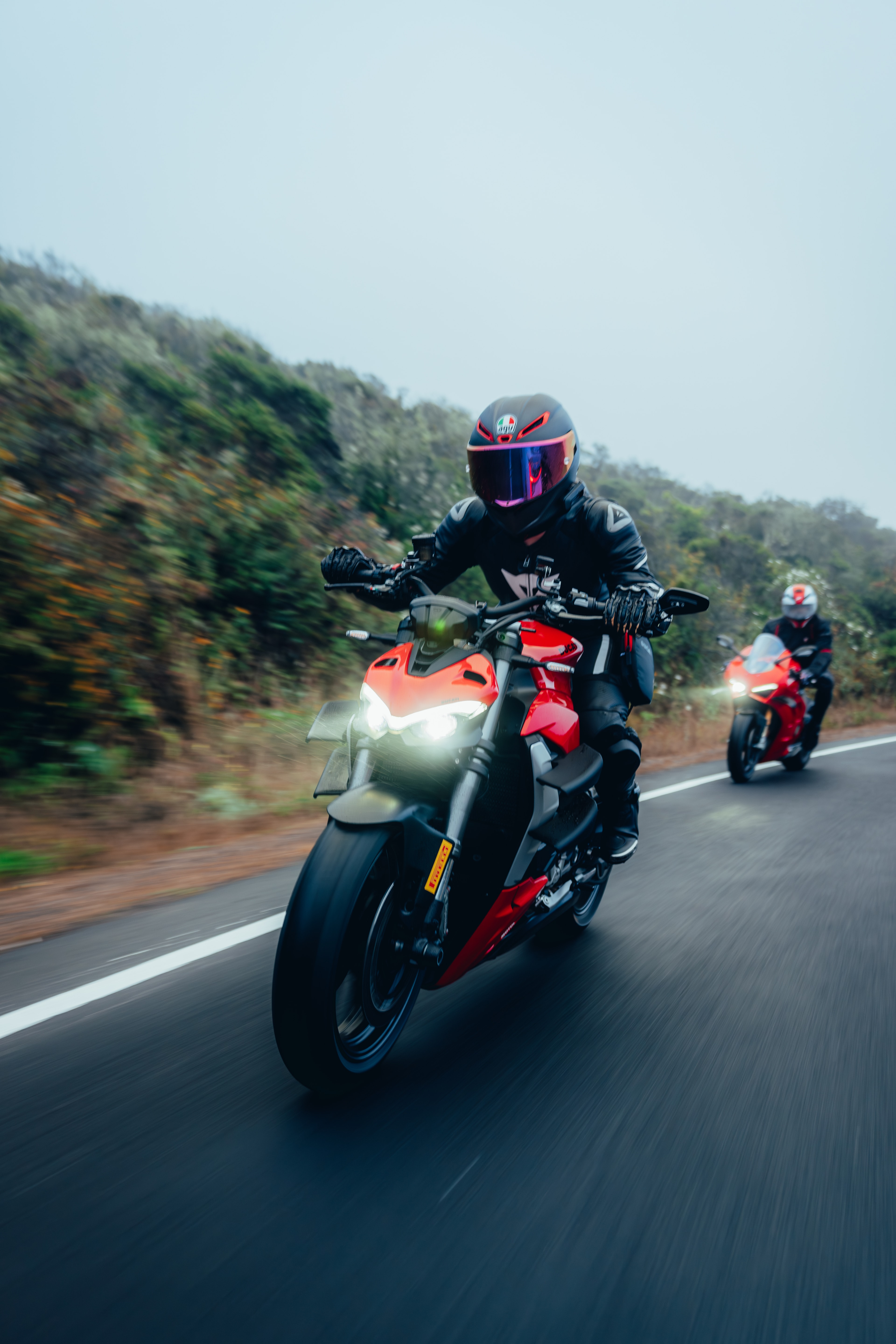 Ducati Panigale V4S front three-quarter in motion, California coast