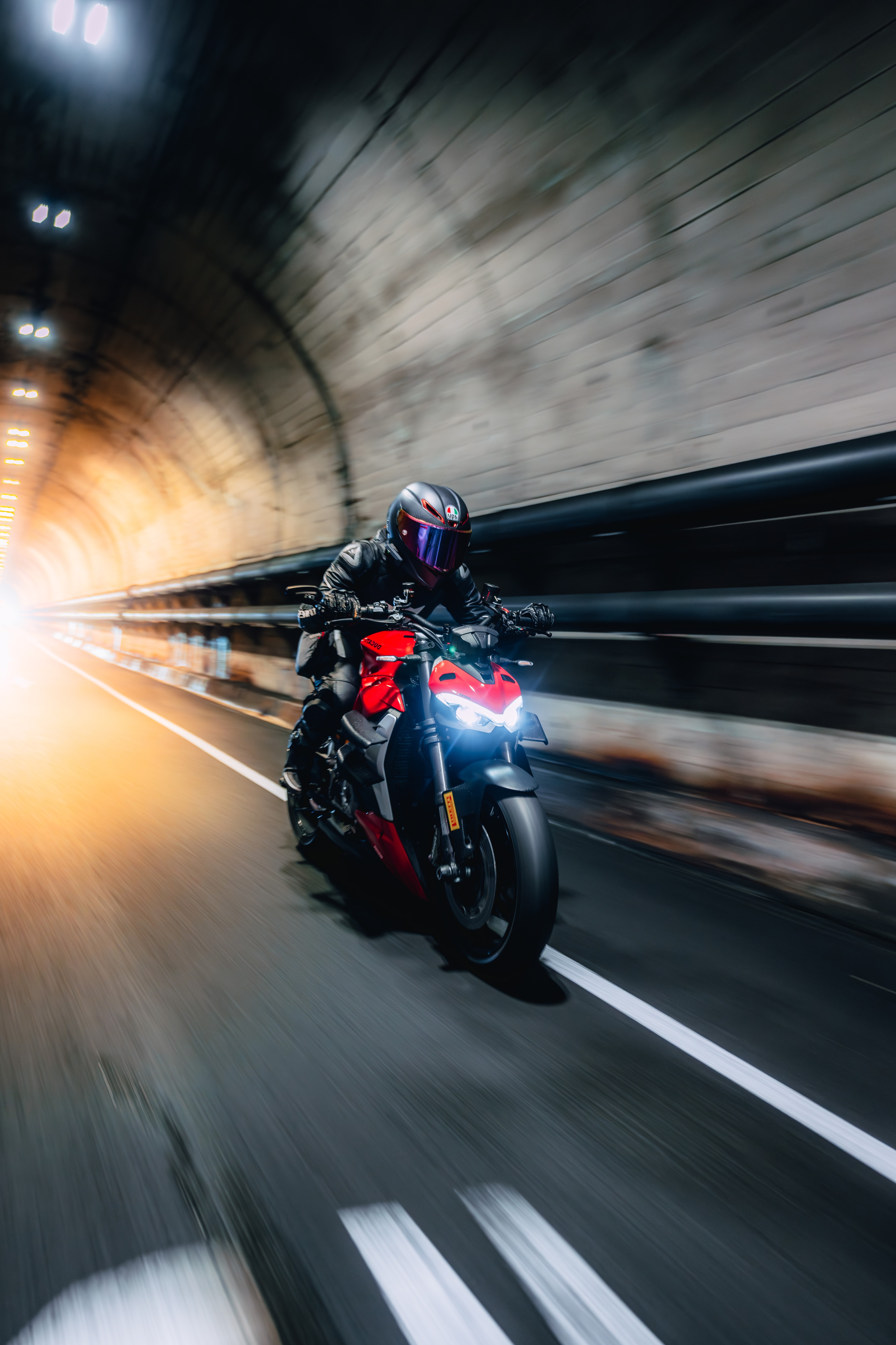 Ducati Street Fighter through a Bay Area tunnel at speed, motion blur