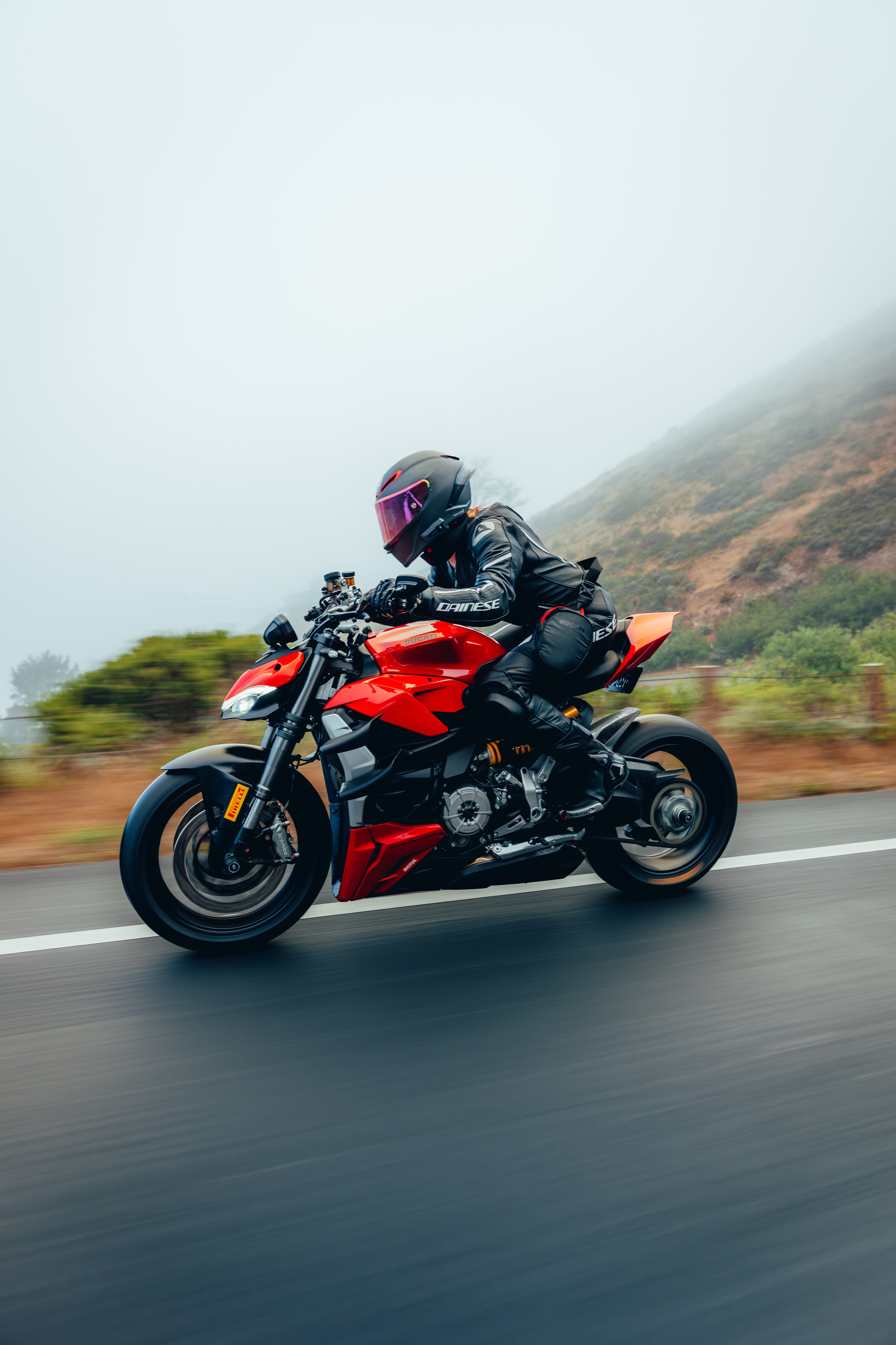 Ducati Panigale V4S in motion, coastal California fog