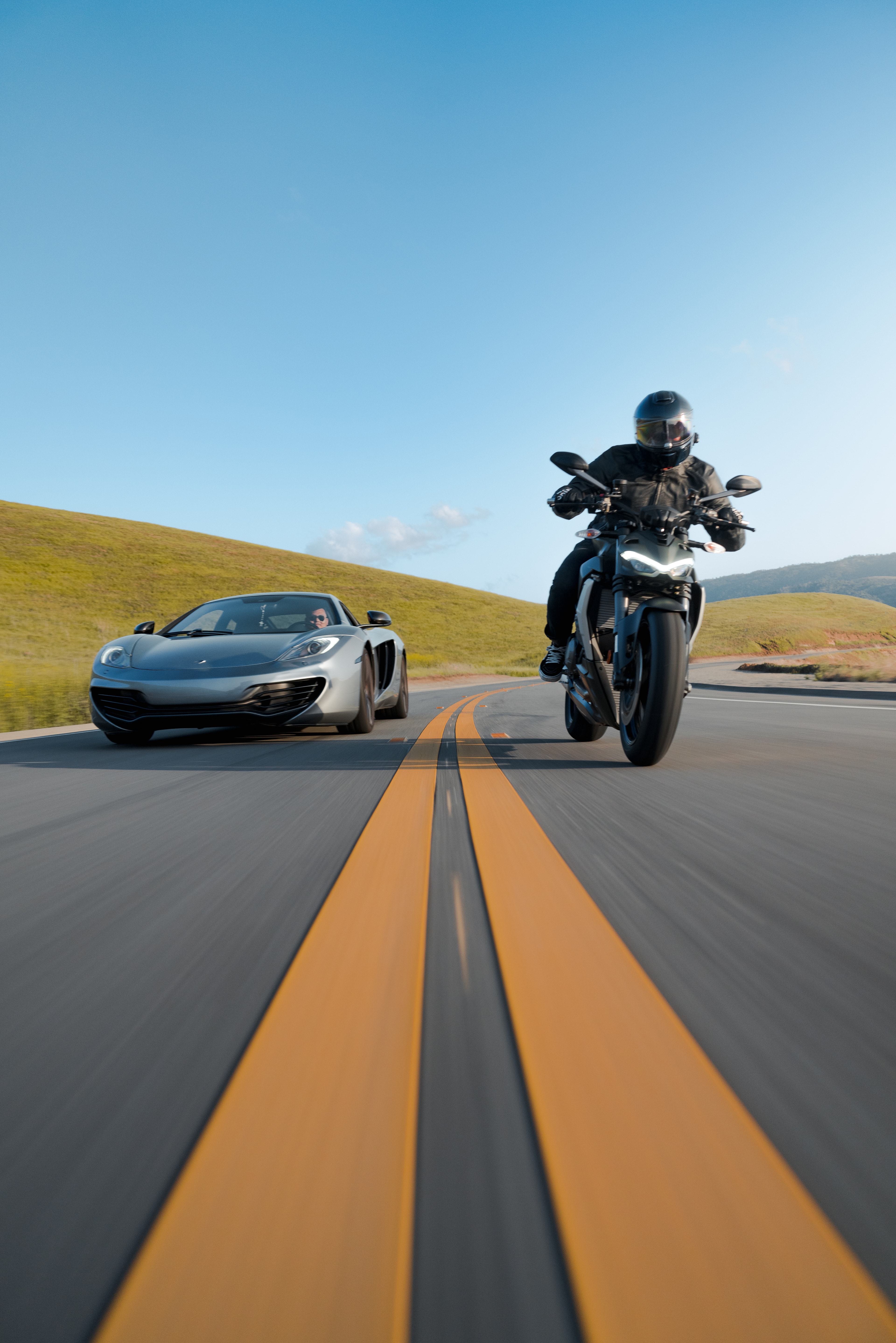 Ducati Street Fighter — rider close, the long road ahead