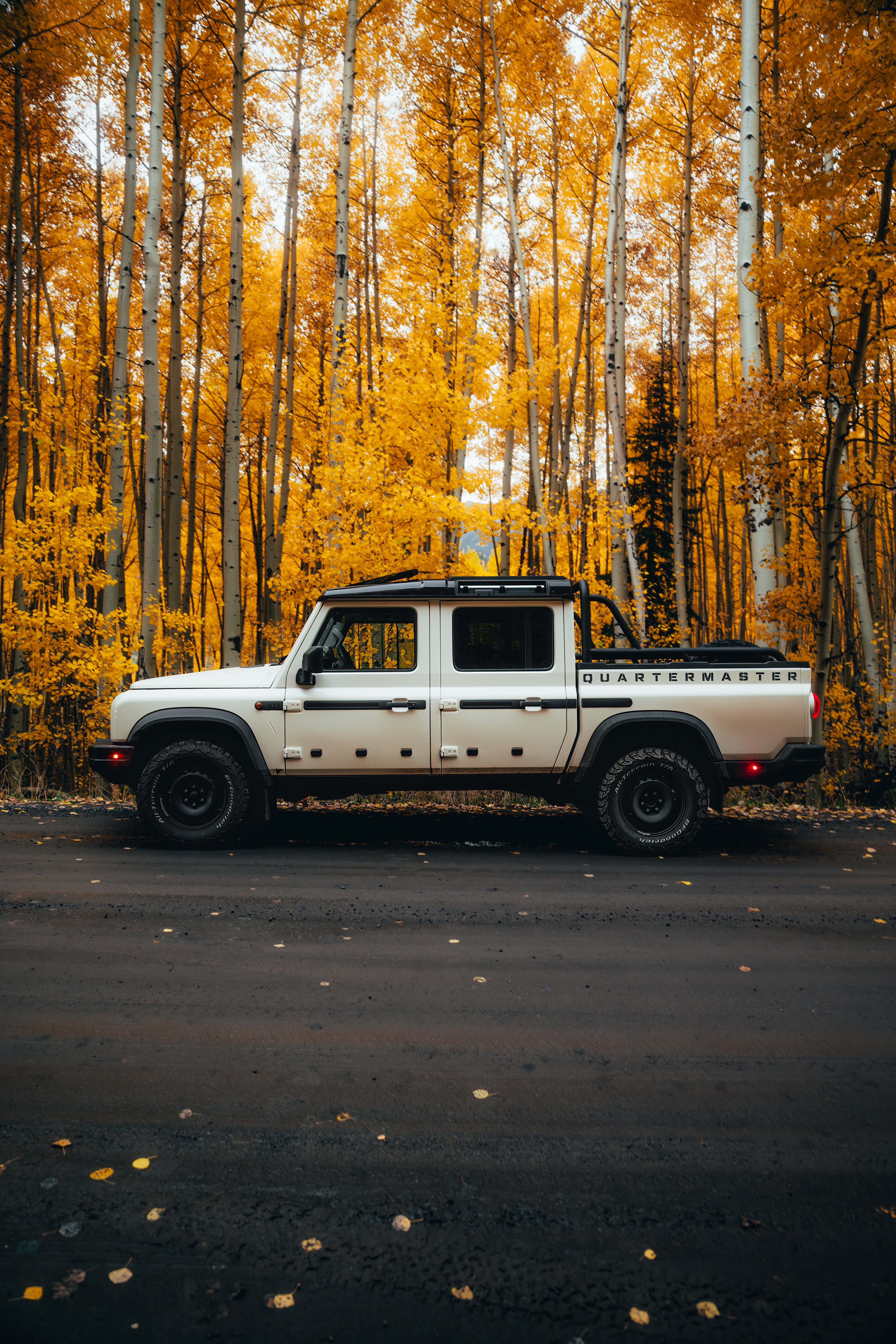 INEOS Grenadier Quartermaster side profile, QUARTERMASTER lettering, in a golden aspen grove