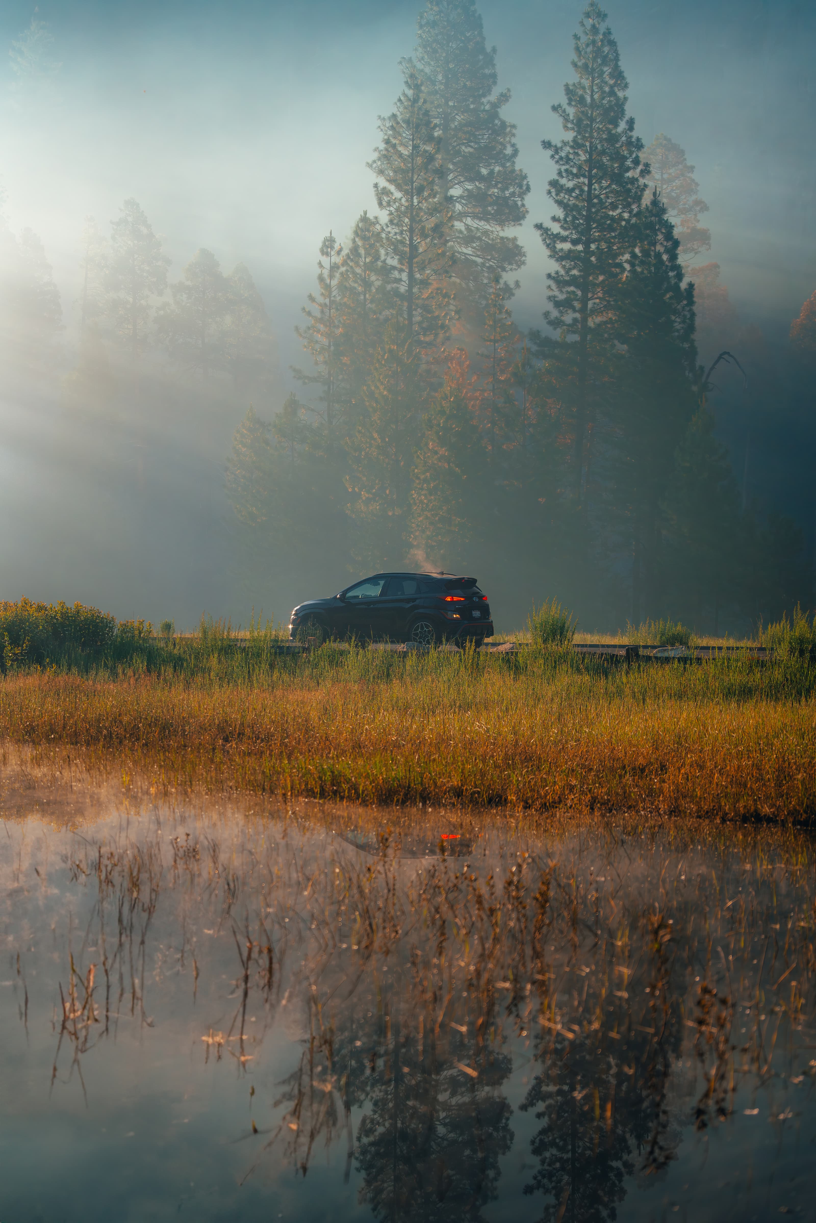 Black Hyundai crossover in a foggy Sierra meadow, reflected in a still pond