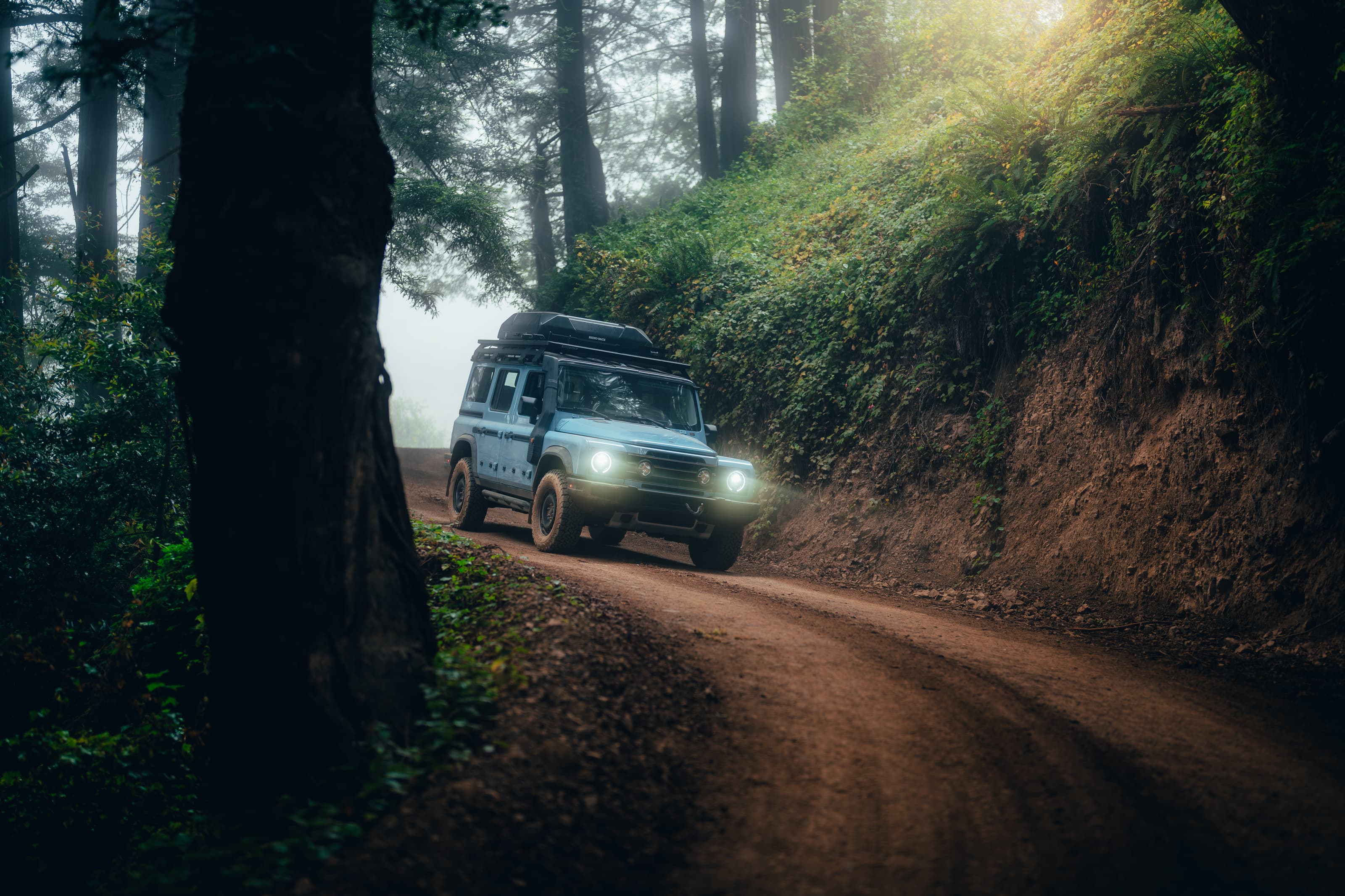 INEOS Grenadier on a foggy redwood road, headlights cutting through the light rays