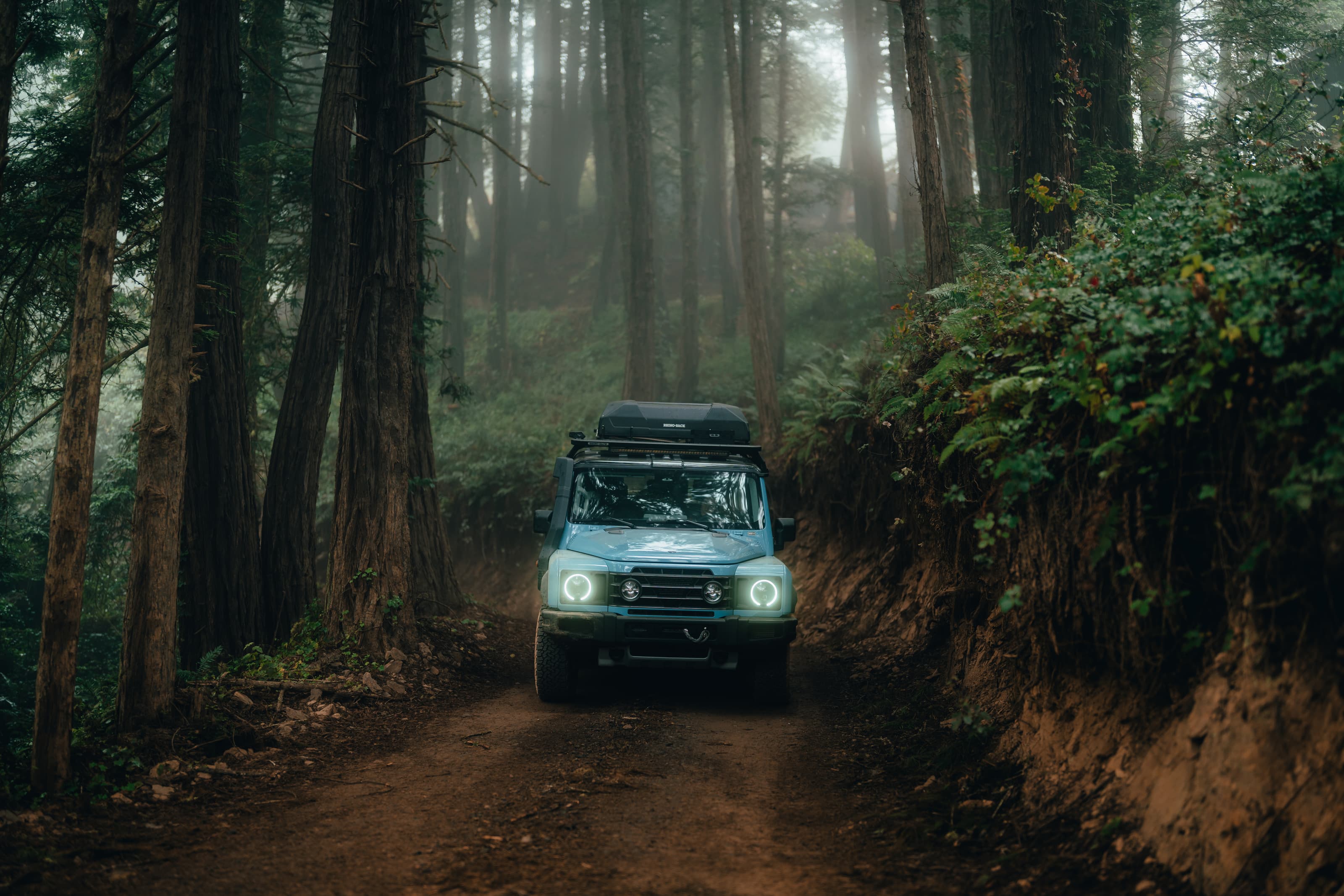 INEOS Grenadier head-on on a foggy redwood road
