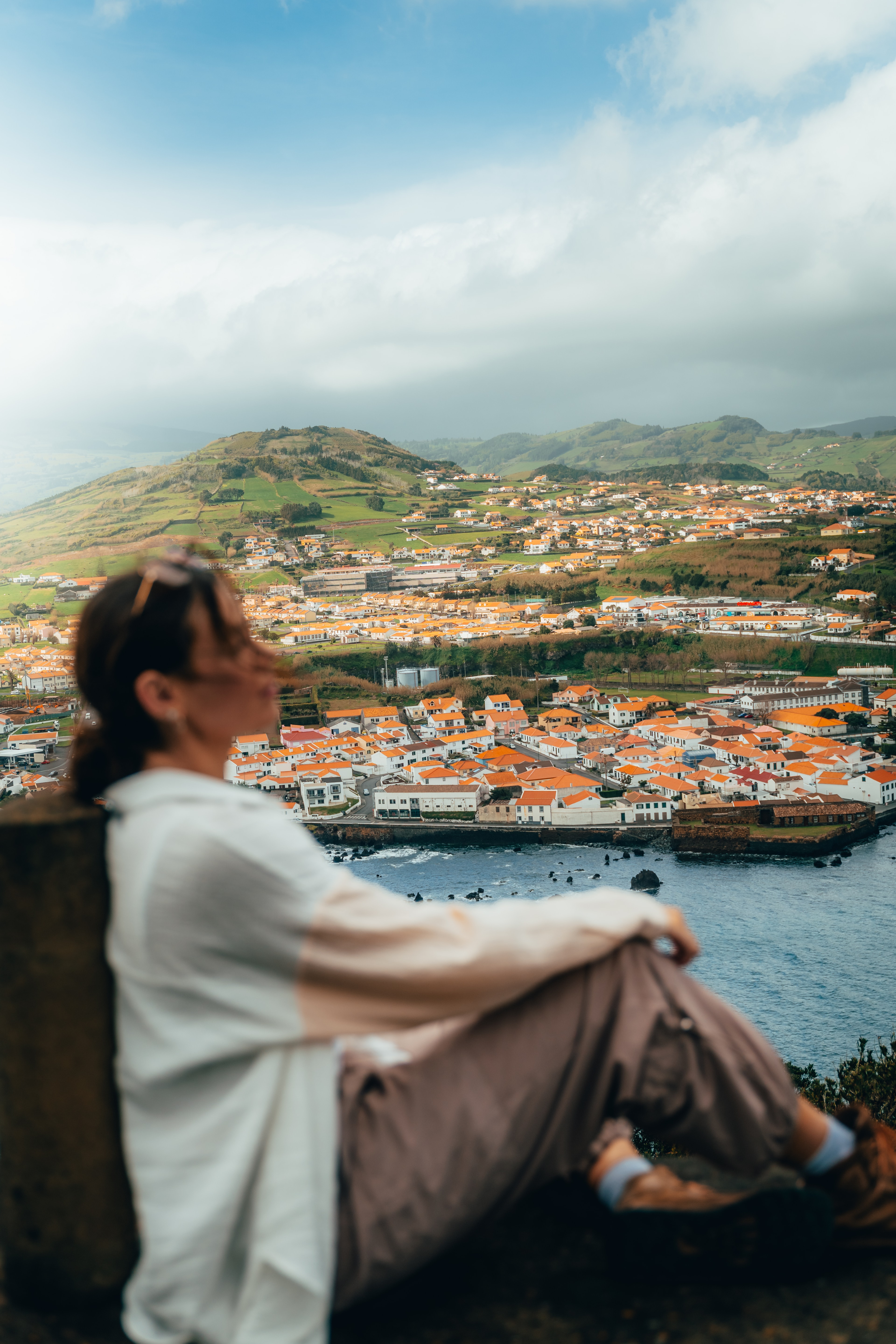 A traveler resting on a headland above a green coast and a harbor town