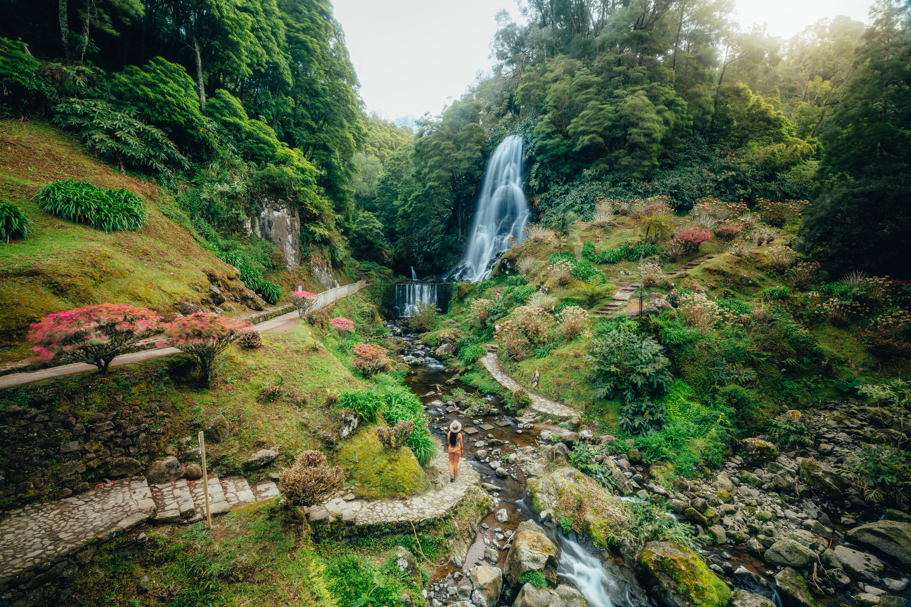 A waterfall spilling through a lush valley of ferns and mossy stone