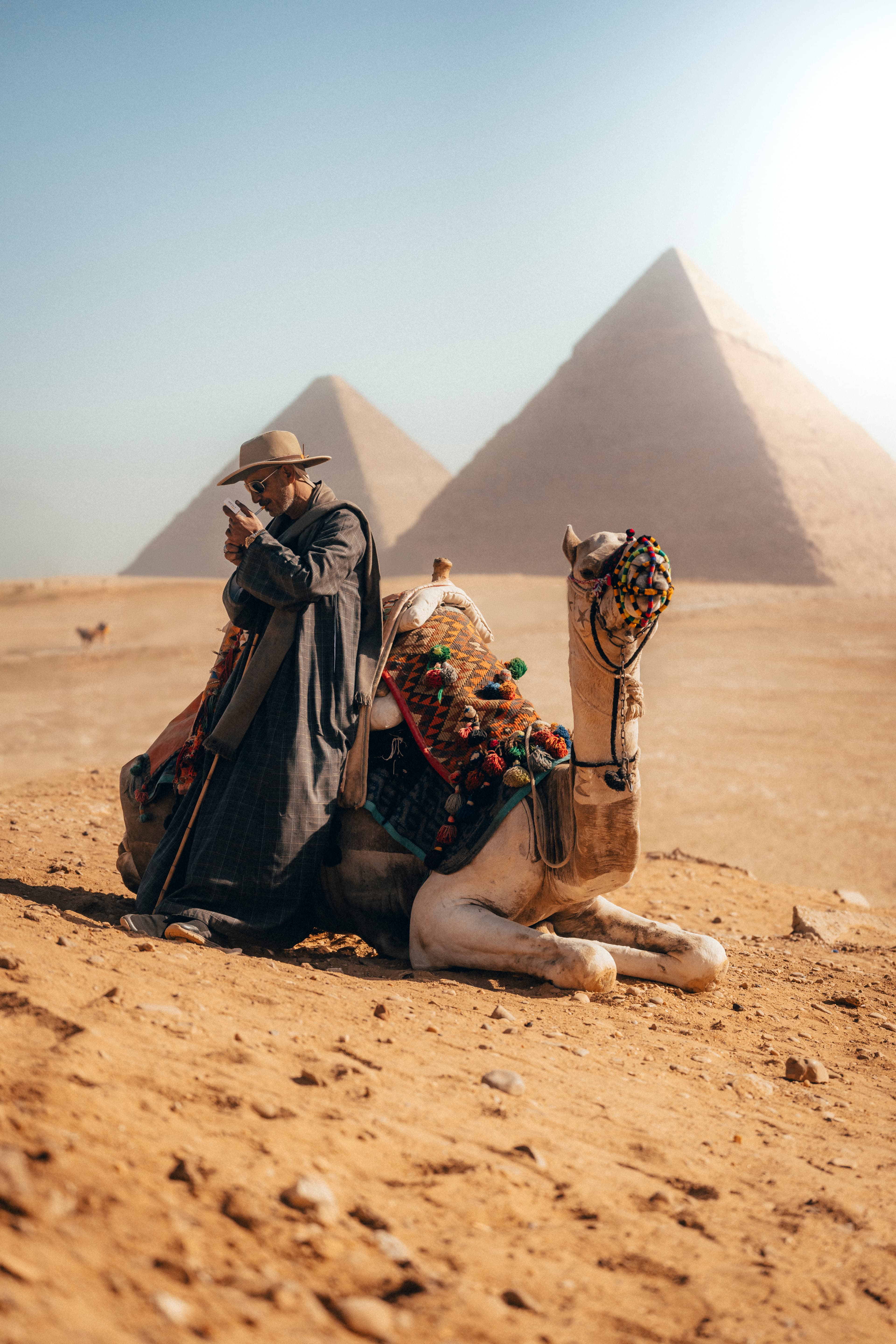 A man in a hat resting beside a kneeling camel, the Giza pyramids on the horizon behind