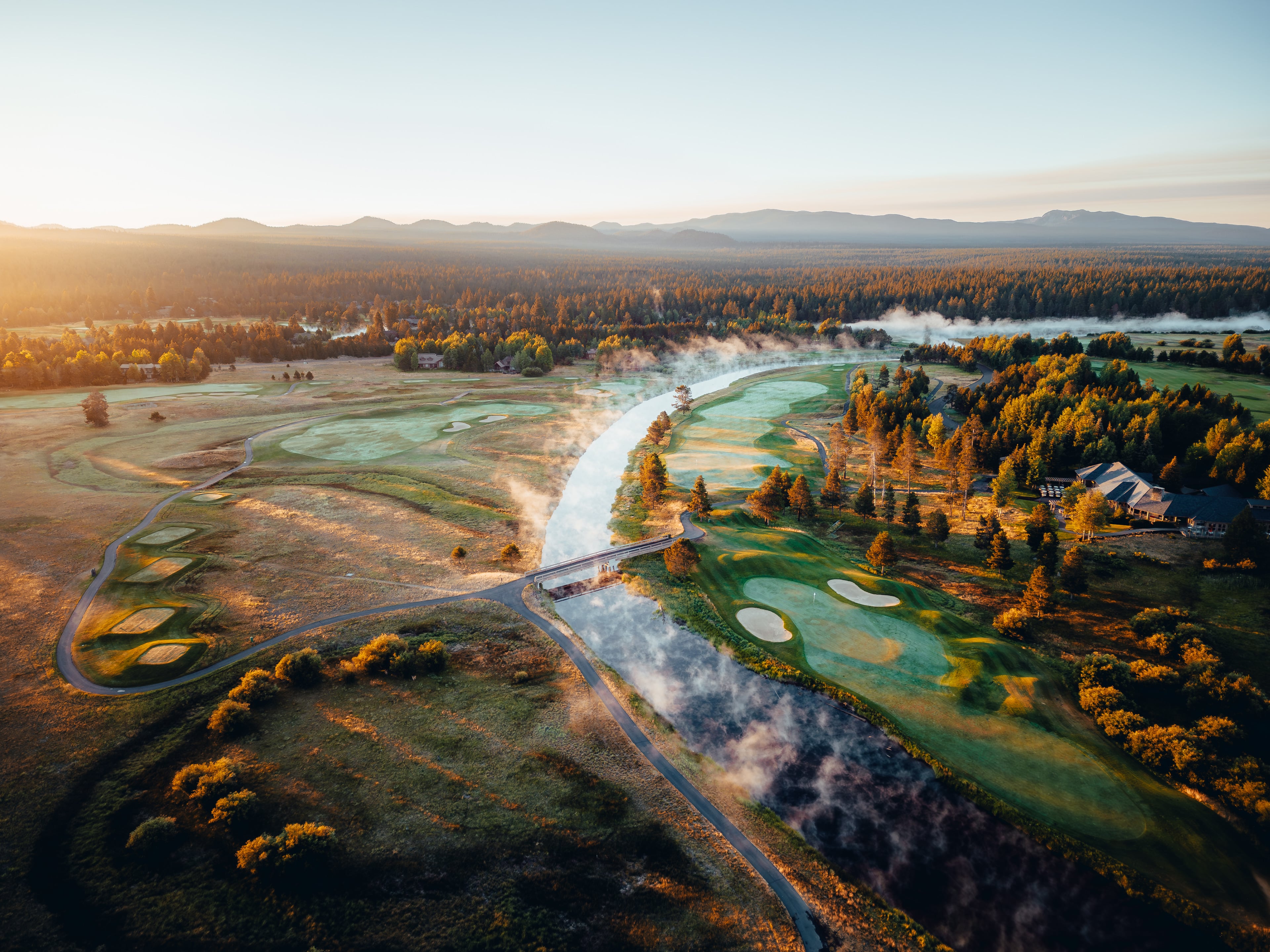 Steam lifting off the Deschutes at first light, aerial over Crosswater